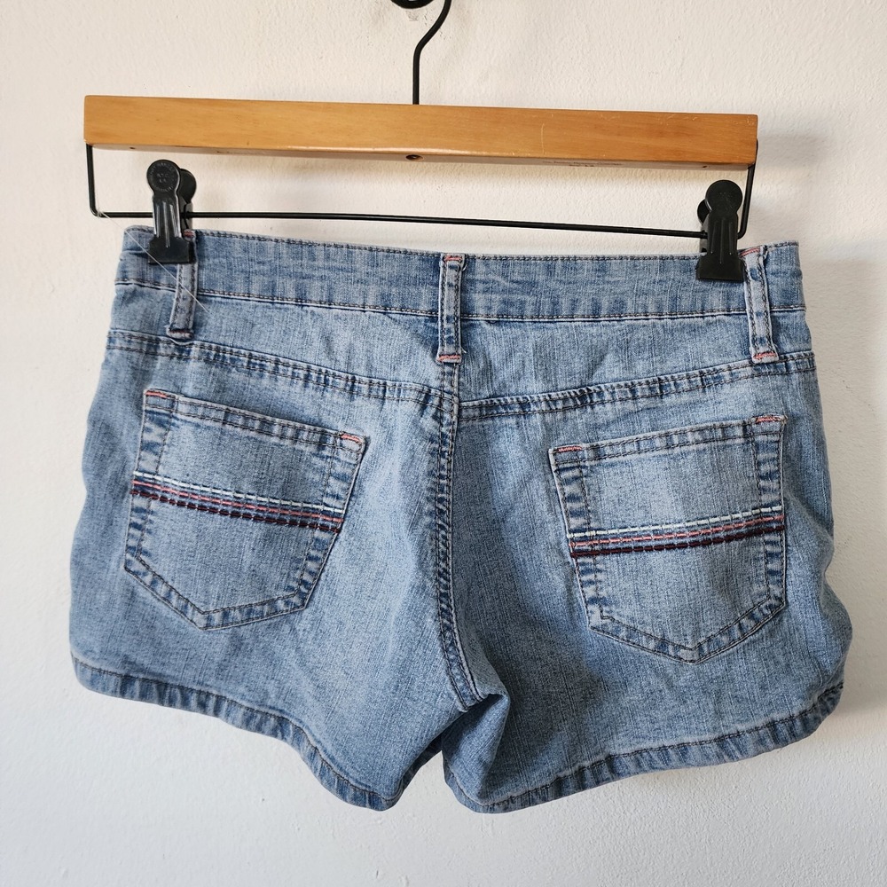 Y2K One Tuff Babe Stretch Short Shorts 3/4 Light Wash Embroidered